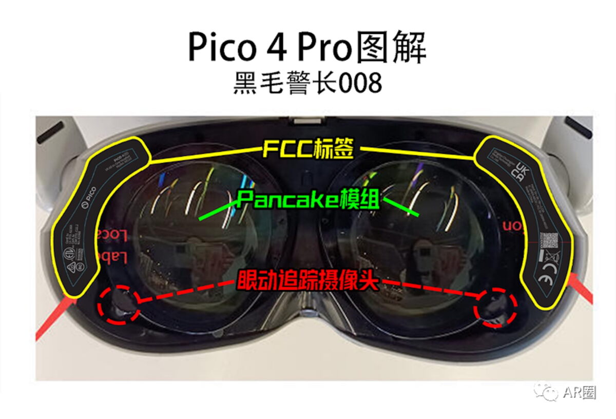 An image of the headset interior with marked pancake lenses and eye-tracking cameras.