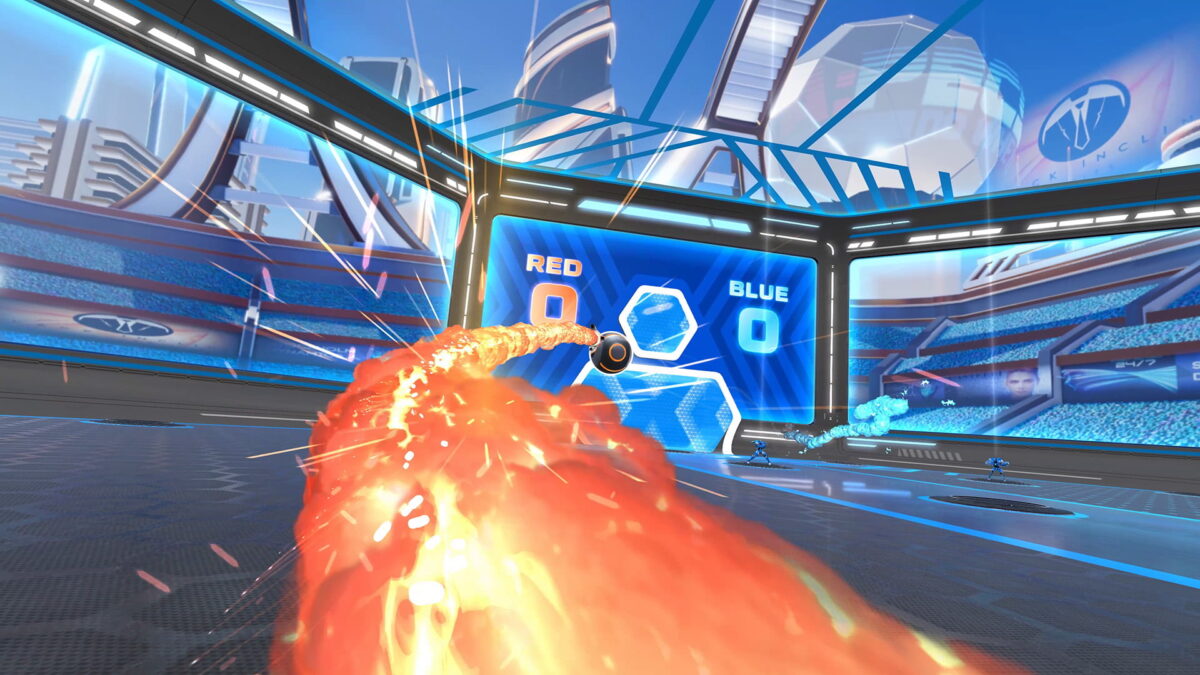 In the Ultimechs Arena, a rocket fist races towards the ball and the goal.