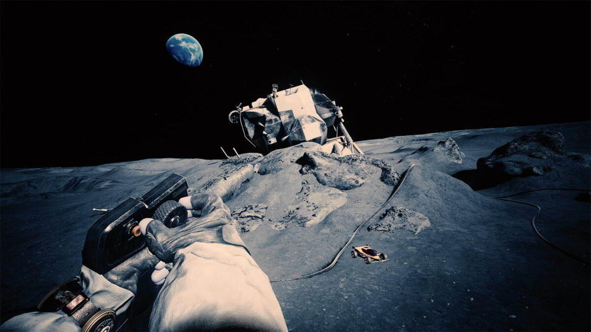 Lunar surface with Lunar Module and Earth in the background