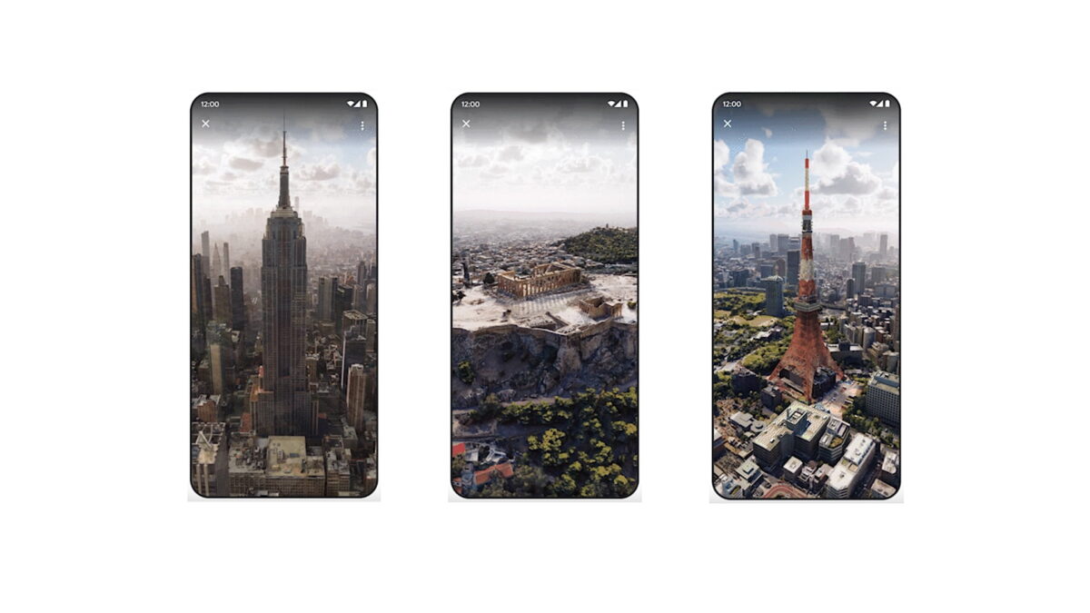 Three smartphones show realistic 3D views of landmarks.