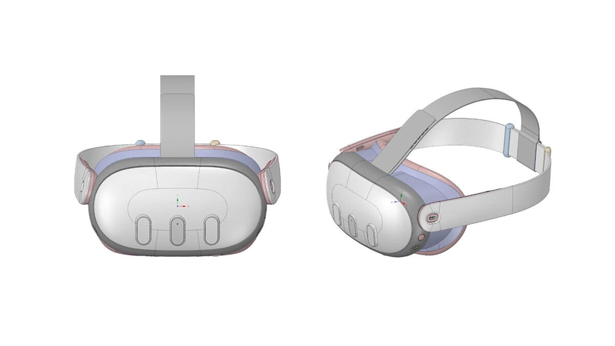 Two CAD blueprints show Meta Quest 3 from the front and turned sideways.