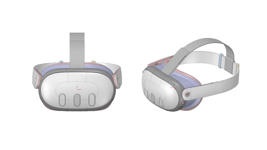 Zwei CAD-Baupläne zeigen Meta Quest 3 von vorne und seitlich gedreht.