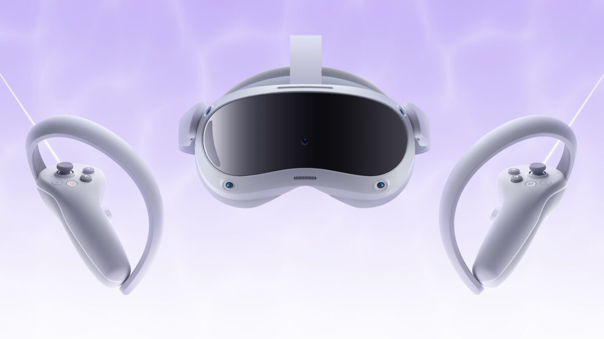 VR headset Pico Neo 4 cropped in front of violet color gradient in background, right and left the new VR controllers.