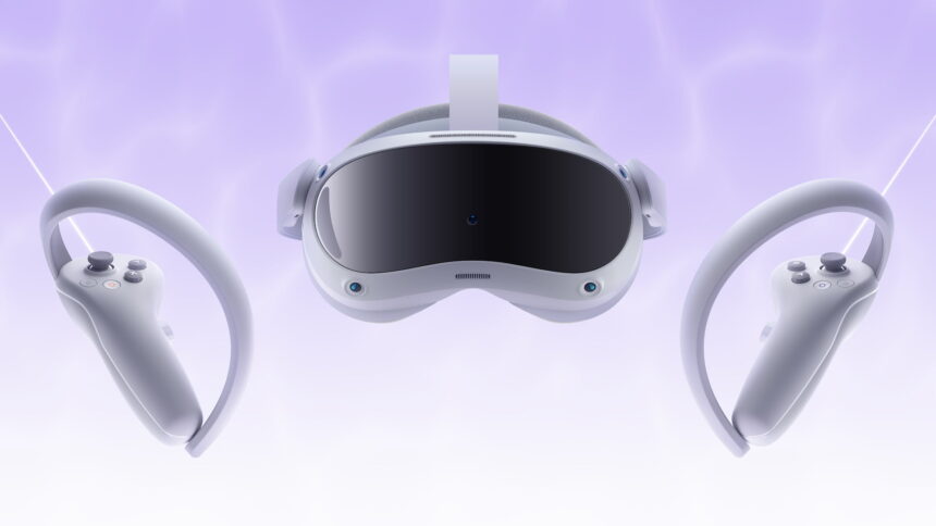 VR-Brille Pico Neo 4 freigestellt vor vieolettem Farbverlauf im Hintergrund, rechts und links die neuen VR-Controller