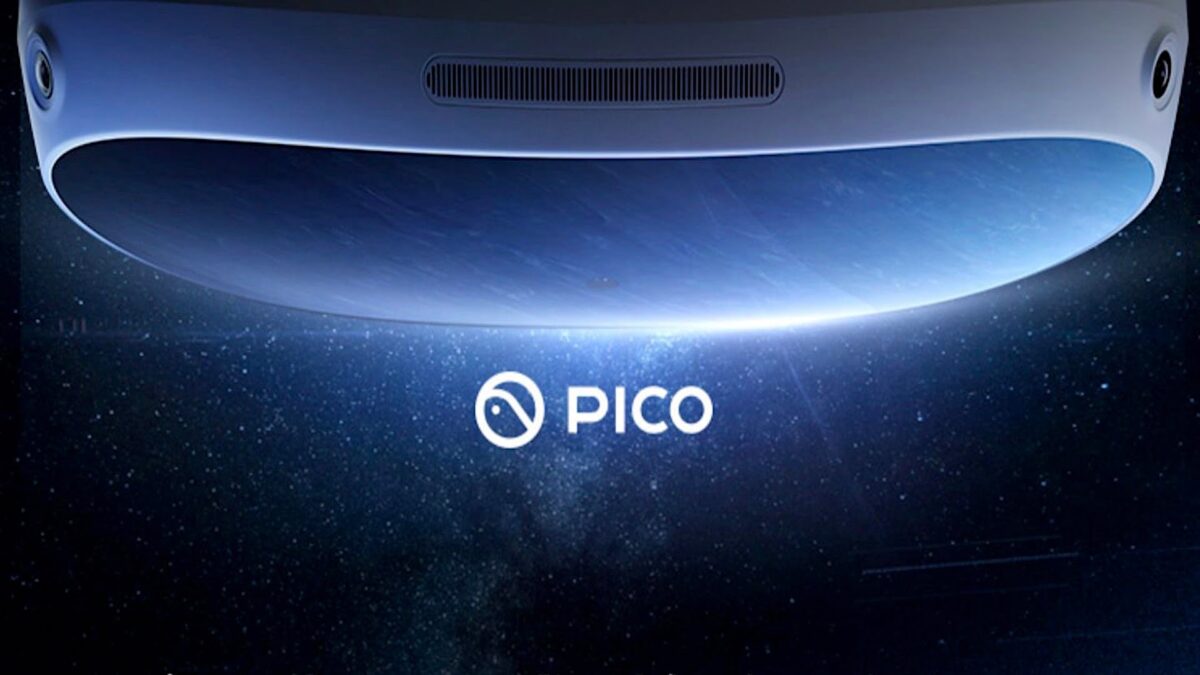 Teaser of the Pico 4 shows the front casing from above, the surrounding universe is reflected on the smooth surface.