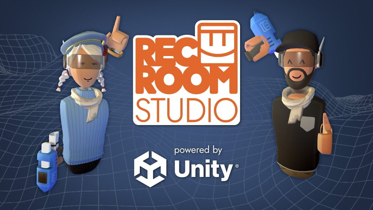 Two Rec Room avatars pose with the Maker Pen in front of the logo of the new Rec Room Studio.