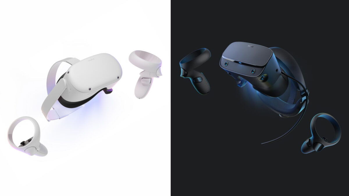 The Meta Quest 2 and Oculus Rift S VR headset with controllers, juxtaposed.
