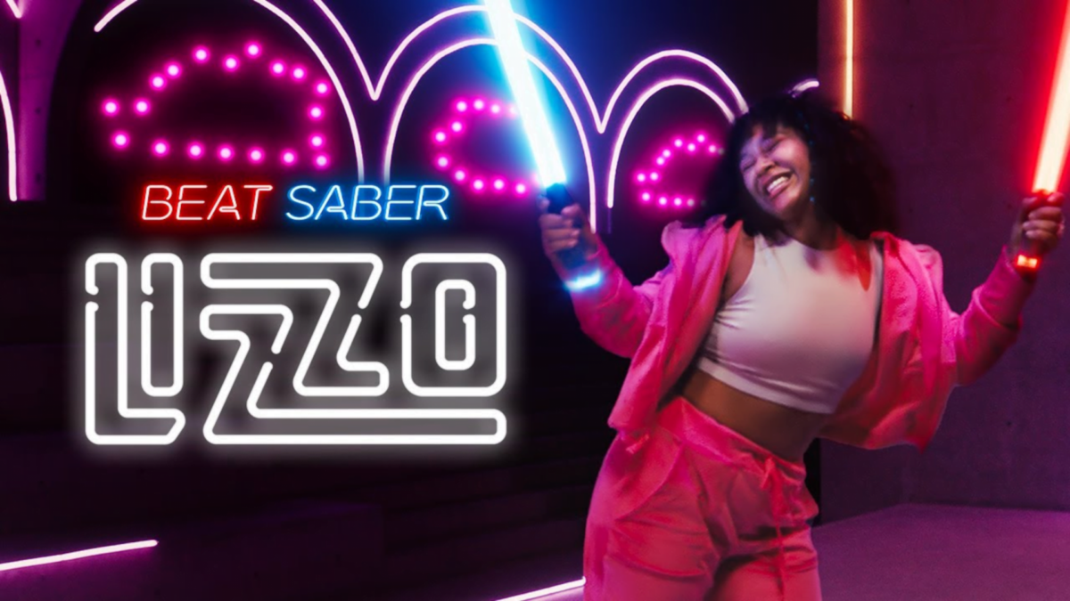 Artist Lizzo wields the Beat Saber lightsabers in a montage of images.