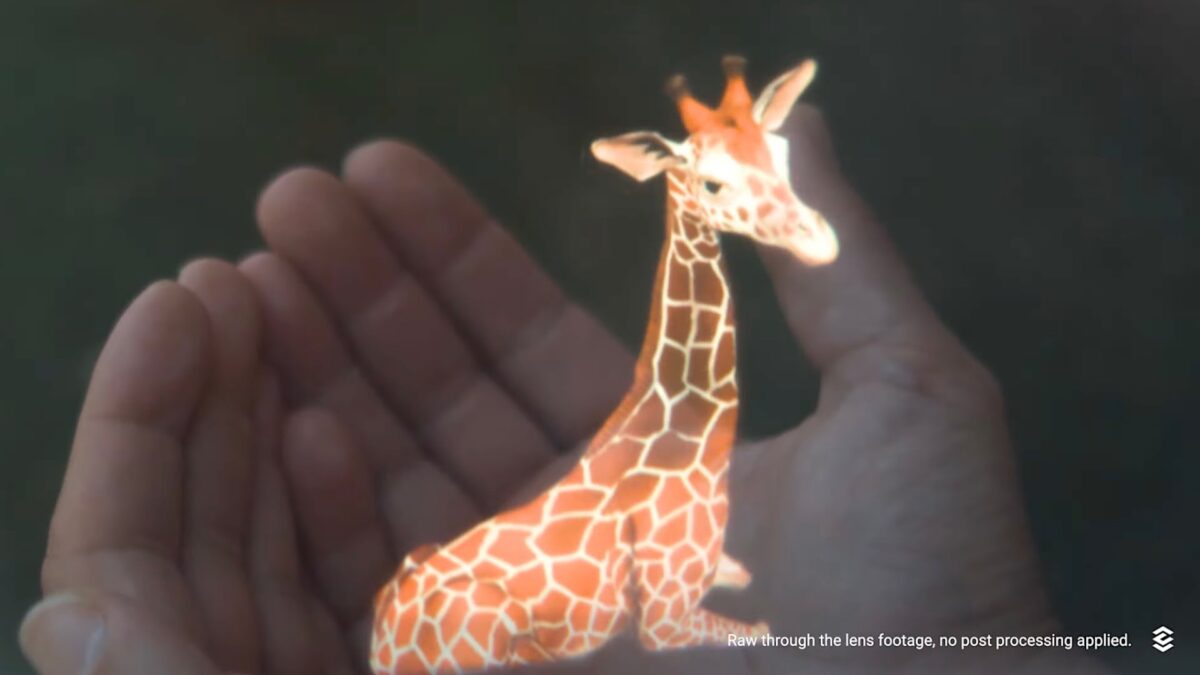 Hologram of a giraffe on palms. Through-the-lens shot through CREAL's AR prototype.