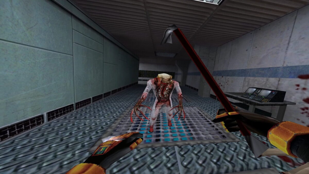 Player:in attacks a zombie with a crowbar.