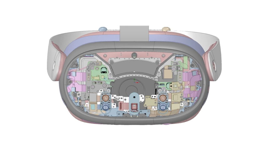 CAD blueprint showing the front of Meta Quest 3 with passthrough sensor technology.