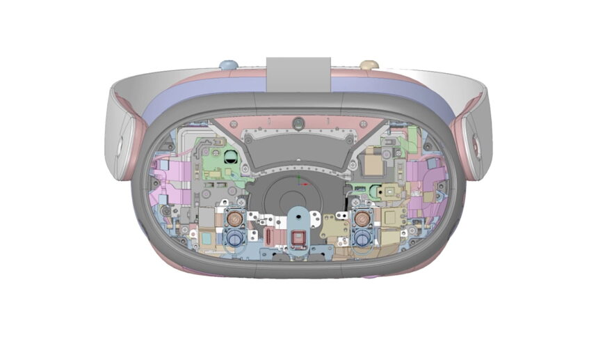 Progetto CAD che mostra la parte anteriore di Meta Quest 3 con tecnologia dei sensori passthrough.