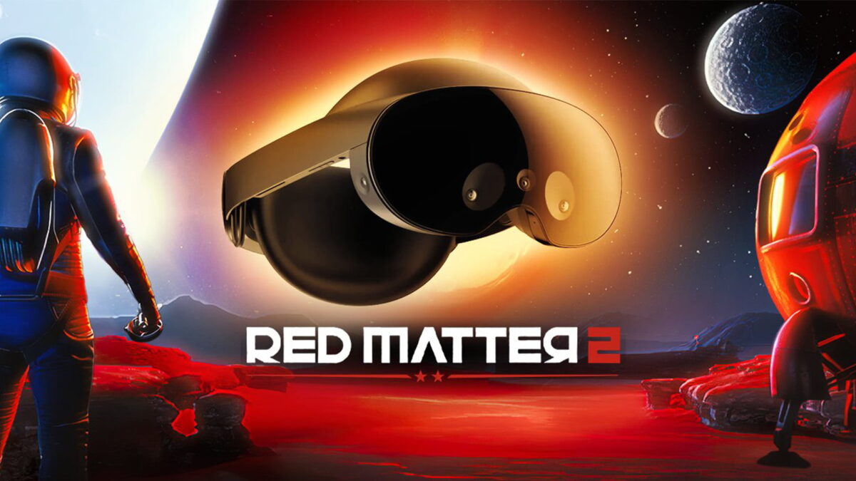 Artwork from Redmatter with astronaut and space capsule, a Meta Quest Pro is inserted in the center of the image.
