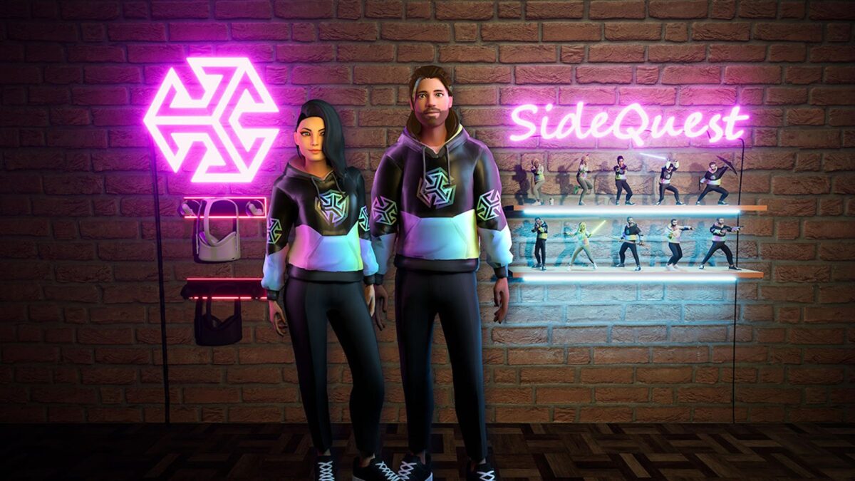 Ready Player Me avatars of Sidequest founders Shane and Orla Harris in a virtual room with headsets on display and Sidequest logo.