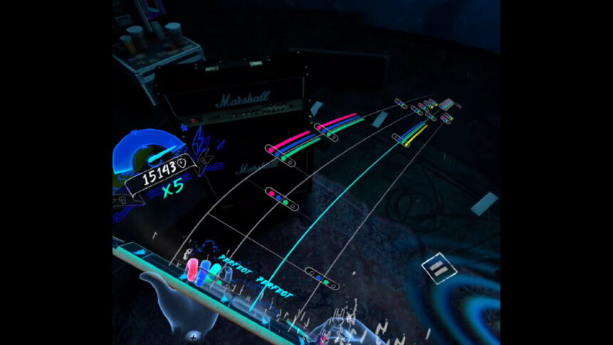 Das Griffbrett der virtuellen Gitarre im VR-Spiel Unplugged: Air Guitar.