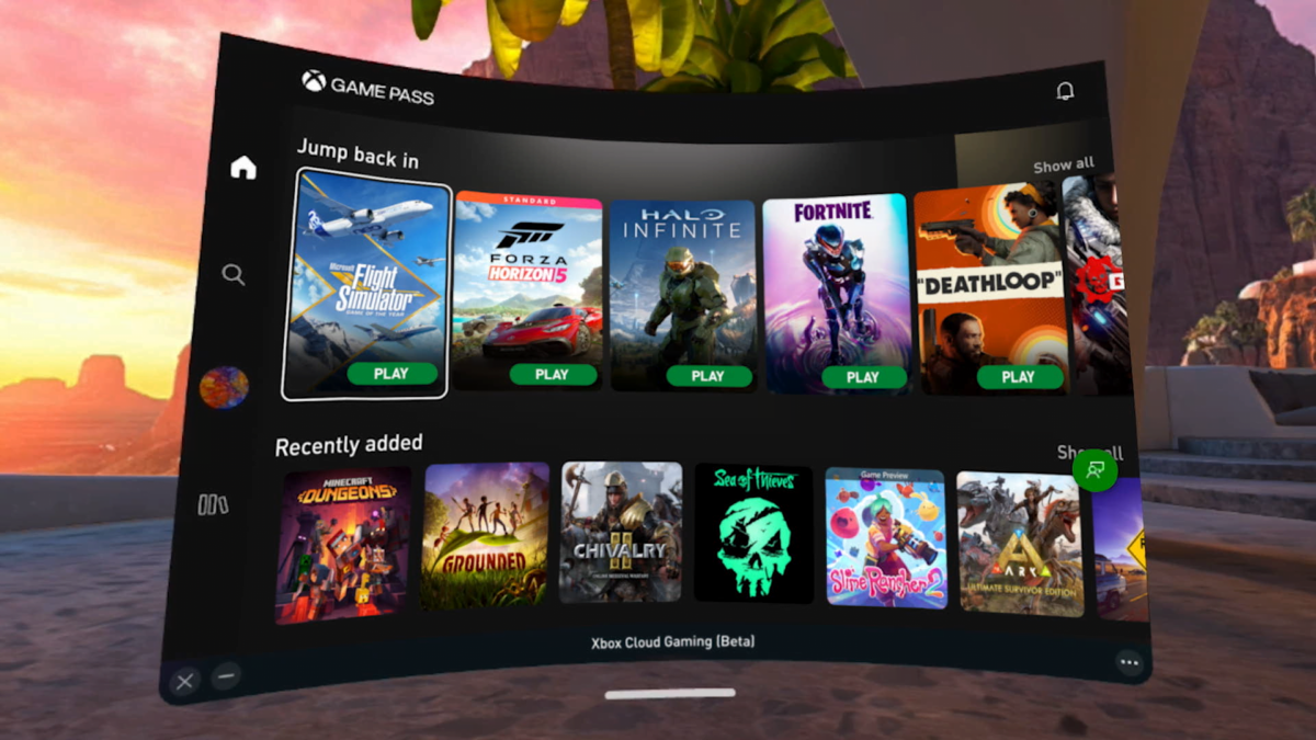 A dashboard shows titles from Xbox Cloud Gaming on the Quest 2.