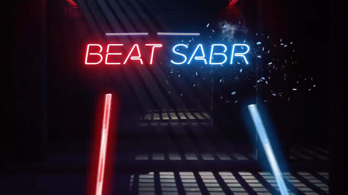 Two lightsabers and the Beat Saber lettering without E.
