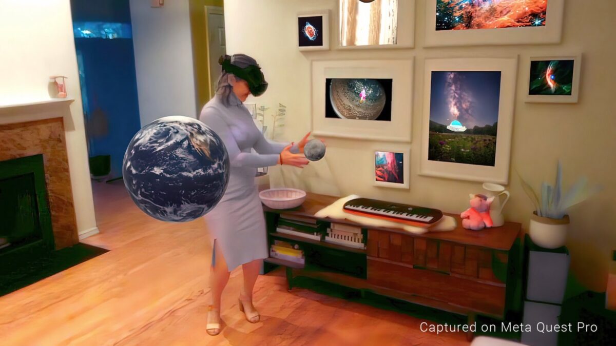 Woman with Quest Pro in a mixed reality living room.