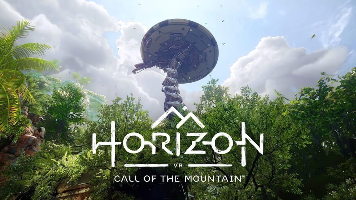 The head of a tech brachiosaur looms over the tops of a forest. In the foreground, the game's lettering.