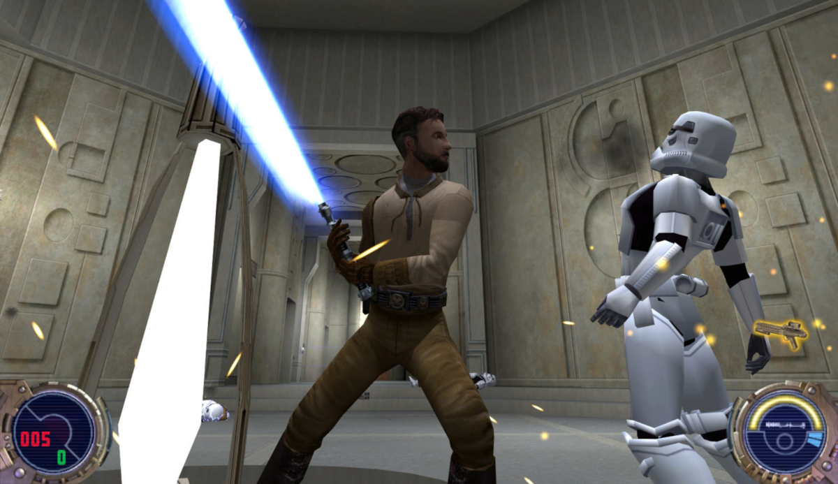A player takes out a stormtrooper with a lightsaber.