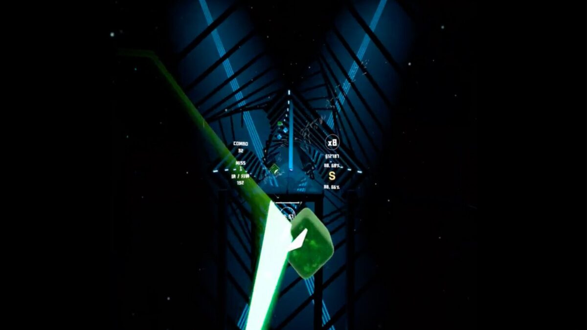 A lightsaber slices a green notepad in the Beat Saber copy Lightband.