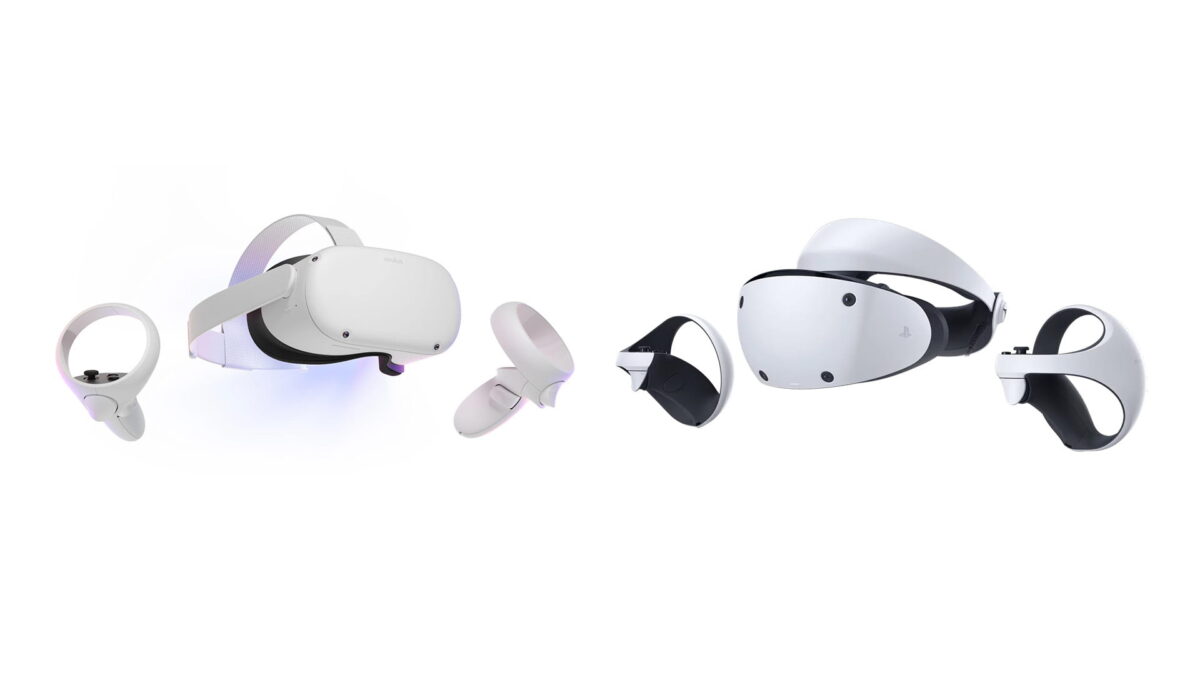 A Meta Quest 2 and Playstation VR2 float opposite each other against a white background.