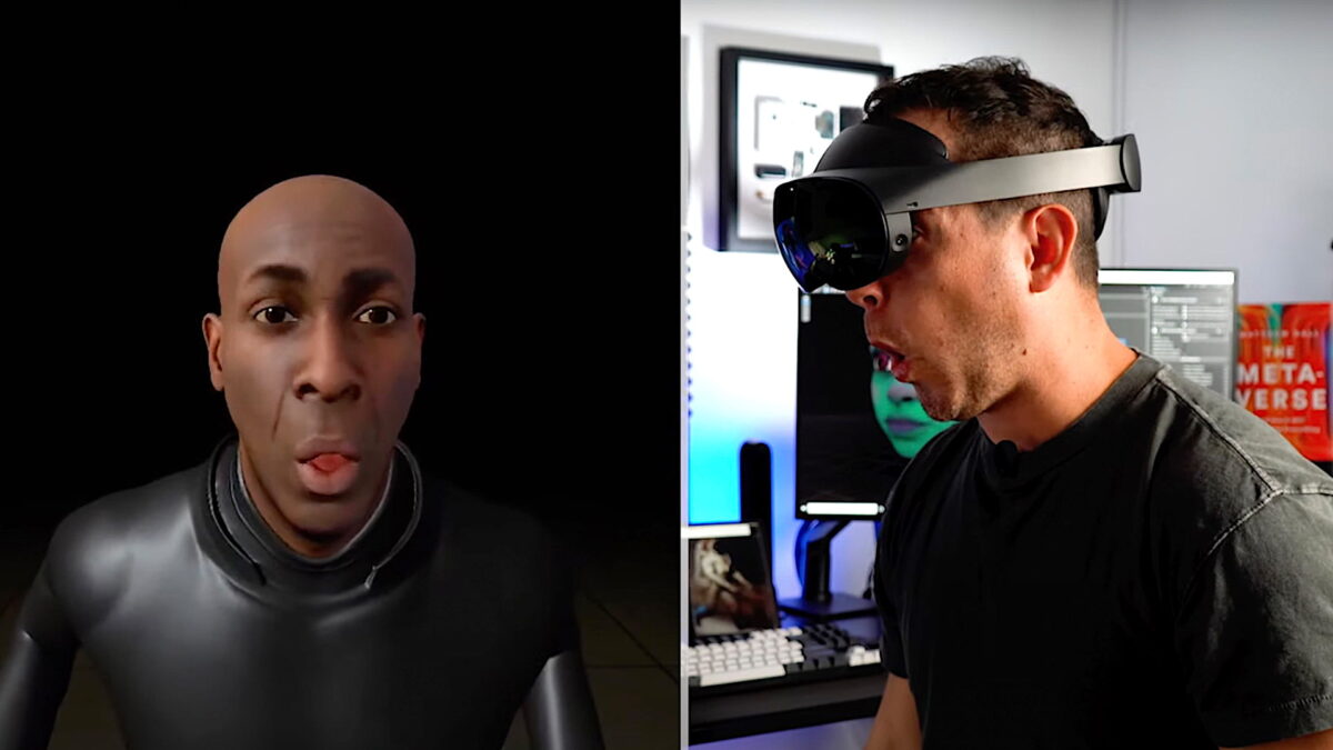 Juxtaposition of two images: On the right, a man with Meta Quest Pro and an open mouth; on the left, the digital counterpart, a realistic avatar that mirrors facial expressions.