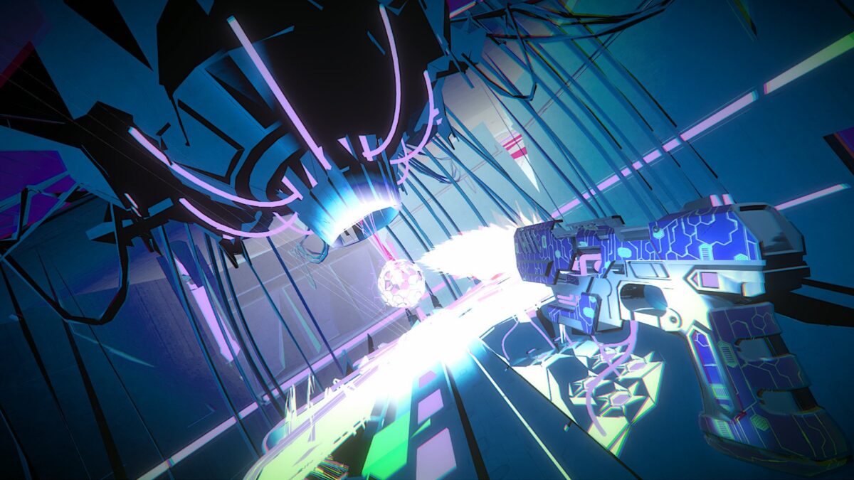 A screenshot from Pistol Whip shows a gun and an abstract cyberspace space.