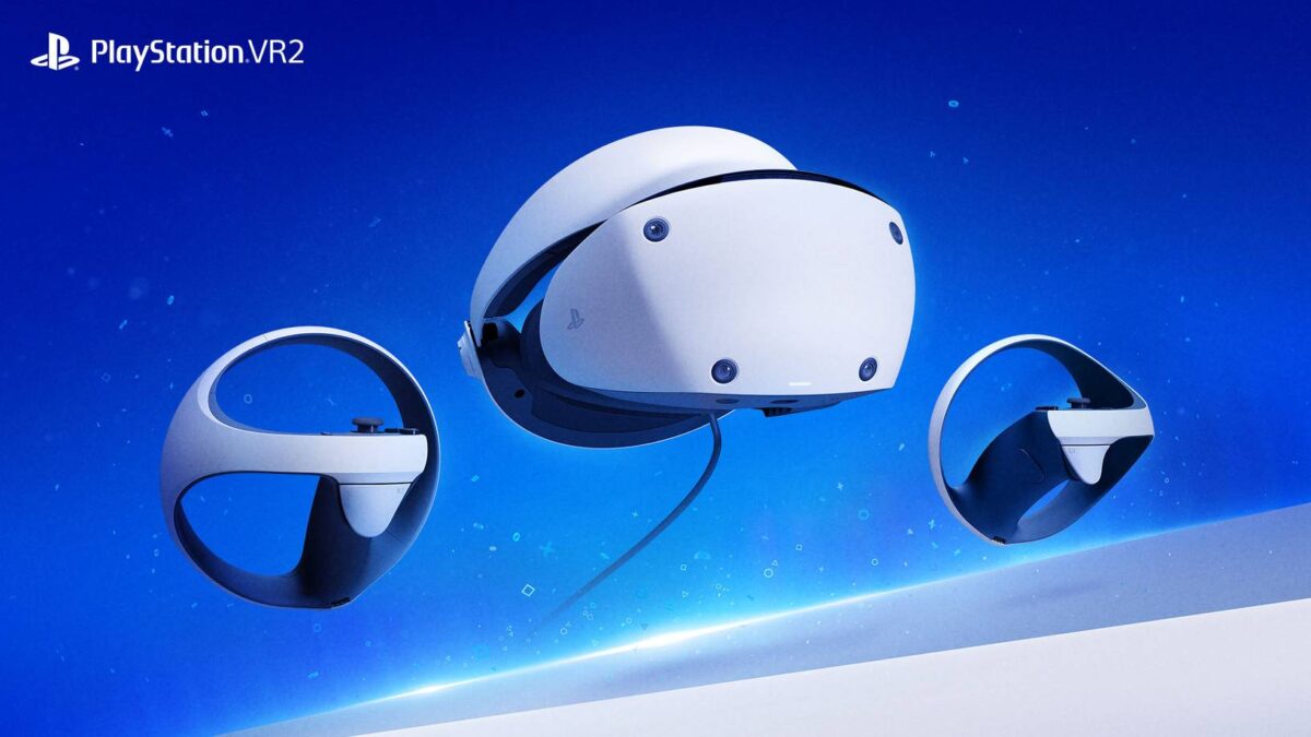Playstation VR 2 with controllers floating in front of blue background.