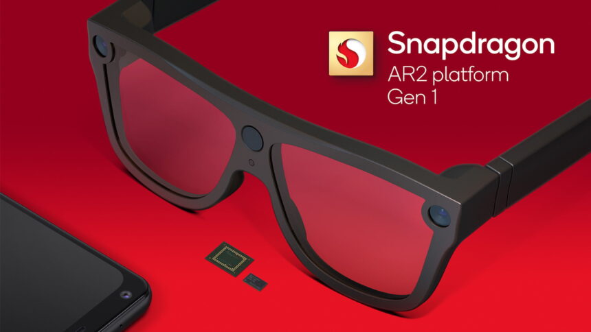 A prototype AR headset with a smaller Snapdragon AR2 processor and co-processor on the front.