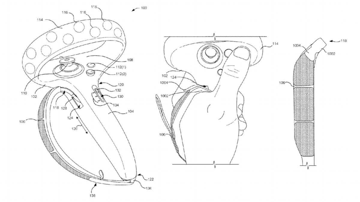 Three drawings of Valve's VR controller patent dated Nov. 23, 2022