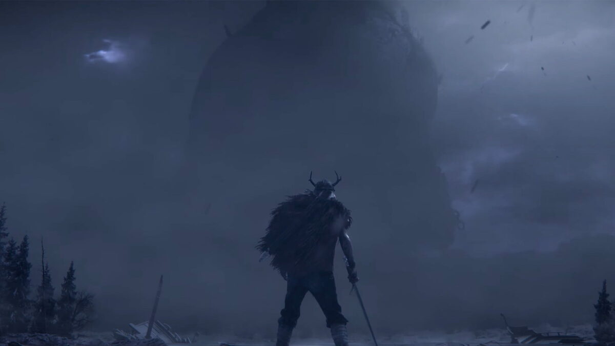The character, seen from behind, stands in a dim, misty landscape, with a gigantic figure towering in front of him.