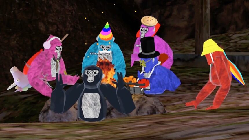 A group of colorful gorilla avatars have gathered around a fire.