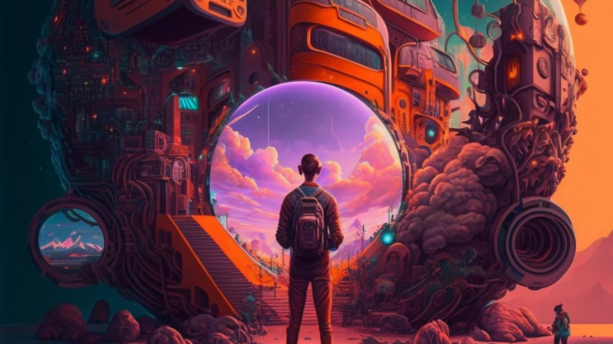 Someone is standing in the metaverse in front of a large round portal to a sci-fi world with futuristic buildings in which another portal is visible.