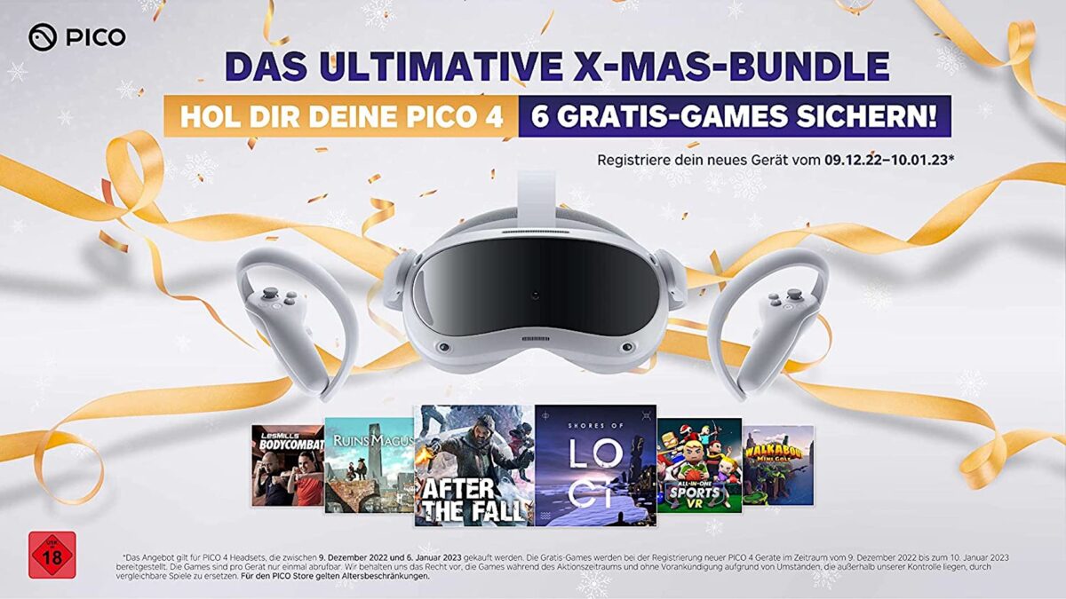 Promotional poster of the Pico-4-Holiday bundle with VR headset and free games.