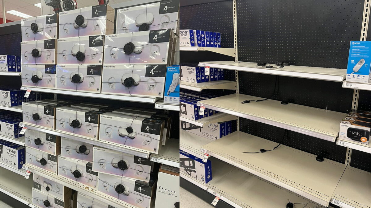 Left: A retailer shelf packed with Quest 2 devices. Right: The same shelf after Christmas and cleared out.