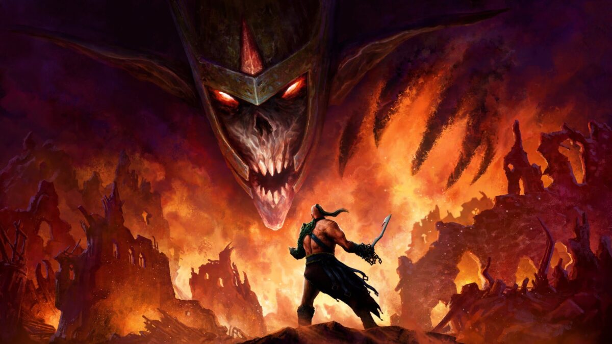 Artwork of the demeo adventure Reign of Madness shows a barbarian in front of a burning city, above it a demonic skull.