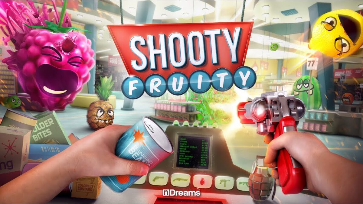 A cashier shoots at attacking fruit with faces from a first-person perspective at a supermarket checkout in the VR game.