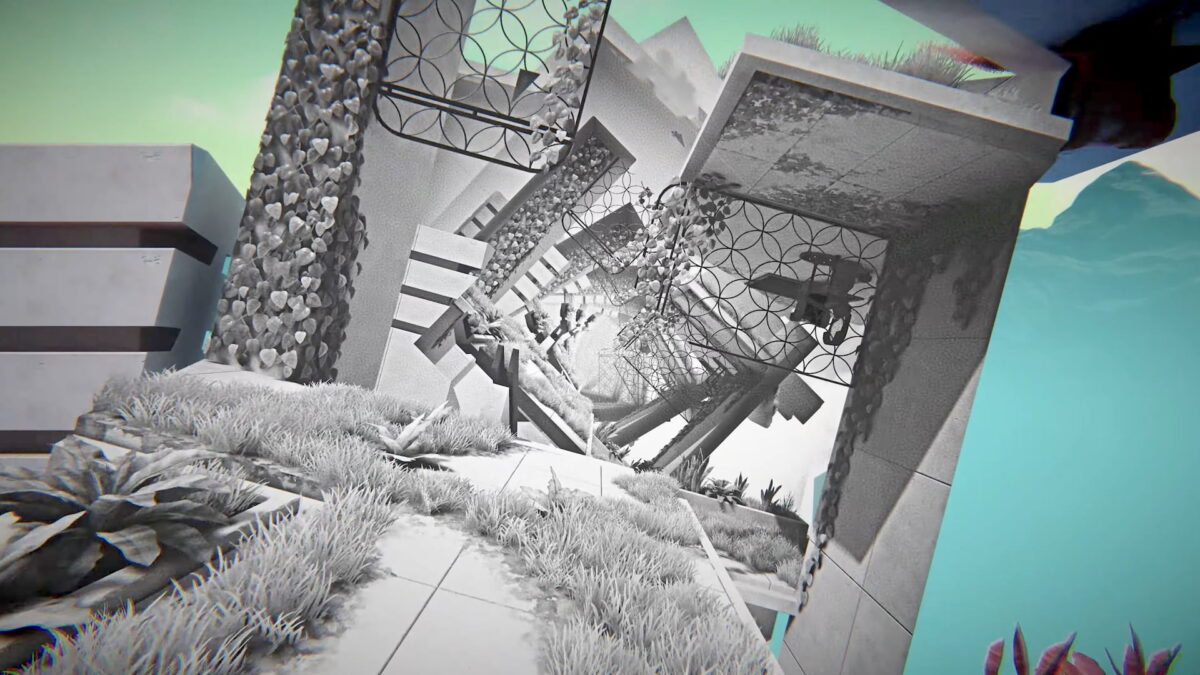 A game scene from Viewfinder shows a twisted walkway.