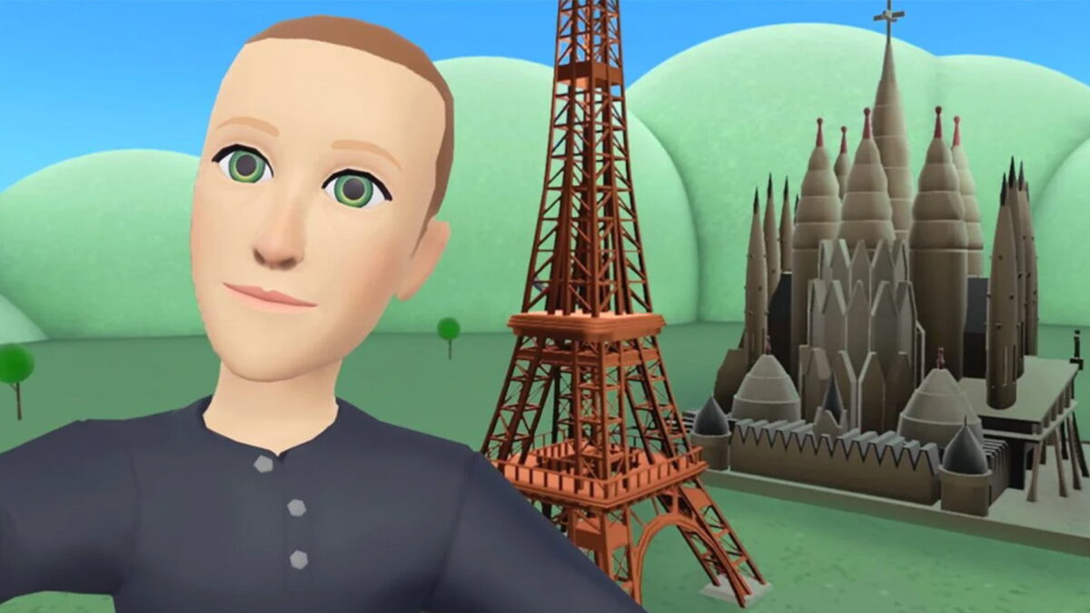 Selfie of Zuckerberg's Horizon avatar with a lifeless expression in front of a miniature of the Eiffel Tower and Sagrada Familia, in minimalist graphics.