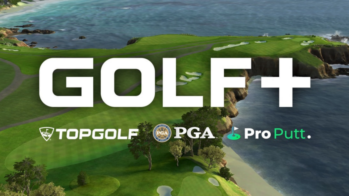 The Golf+ logo in front of a coastal course on the surf.