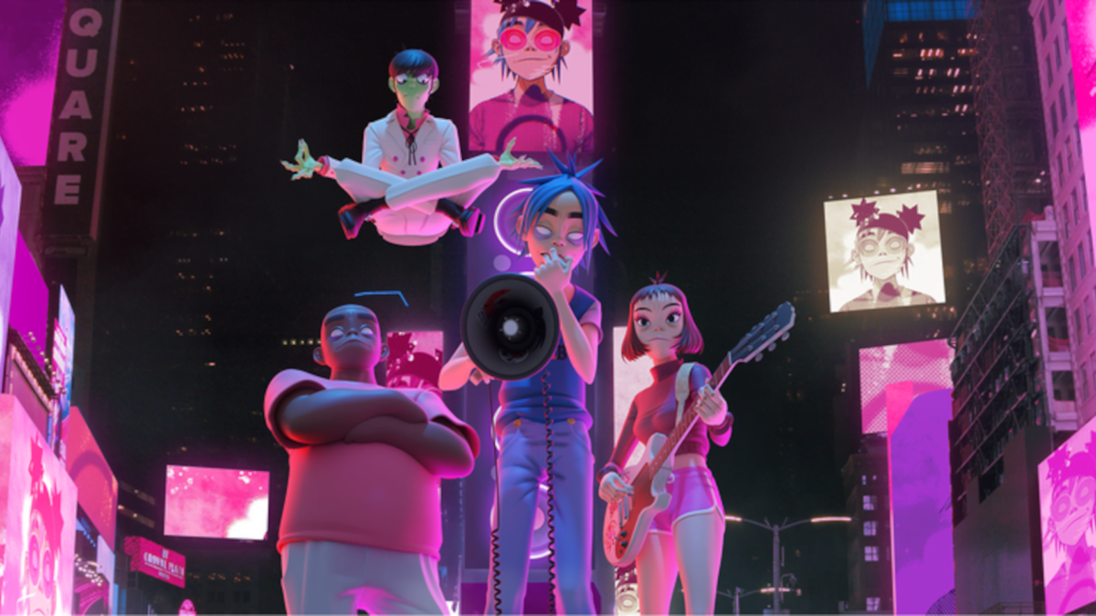 The virtual band Gorillaz poses in front of a real urban canyon.