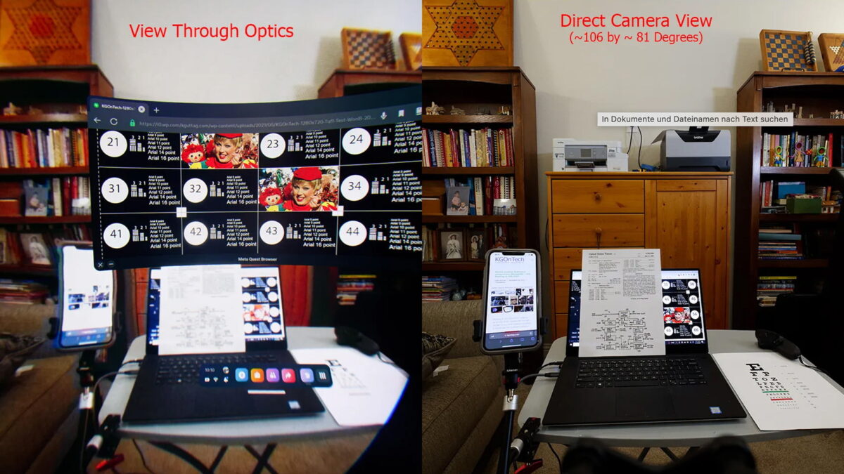 Image comparison: A room with table and laptop seen through Meta Quest Pro and captured by a Canon R5.