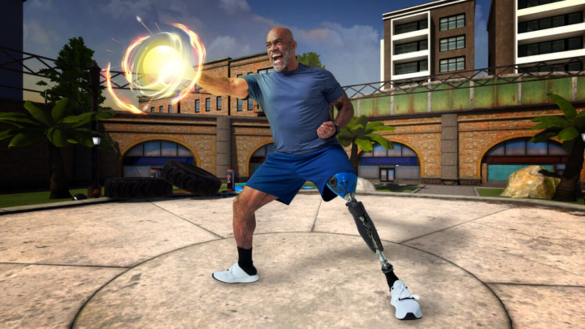 A fitness trainer performs a martial arts strike on a virtual object in a virtual environment that resembles a backyard.