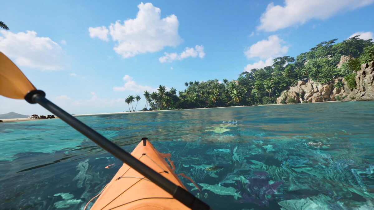 Una barca a remi e una pagaia in azione in un paesaggio caraibico, a metà distanza c'è un'isola con fitte foreste di palme.