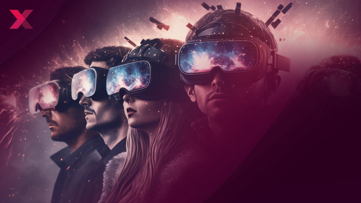 A group of people wearing VR headsets look at fireworks.