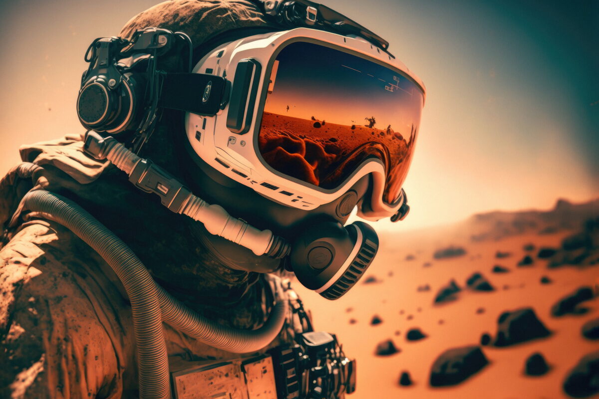 Astronaut:in with VR headset on Mars