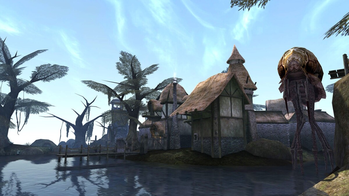 A screenshot of the videogame Morrowind, a medieval house surrounded by water