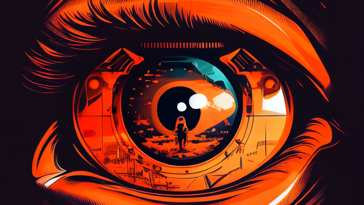 A comic eye reflects eye-tracking cameras and a distant figure in a clearing.