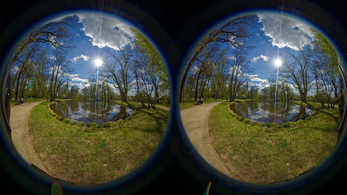 Stereo image showing a park with a pond.